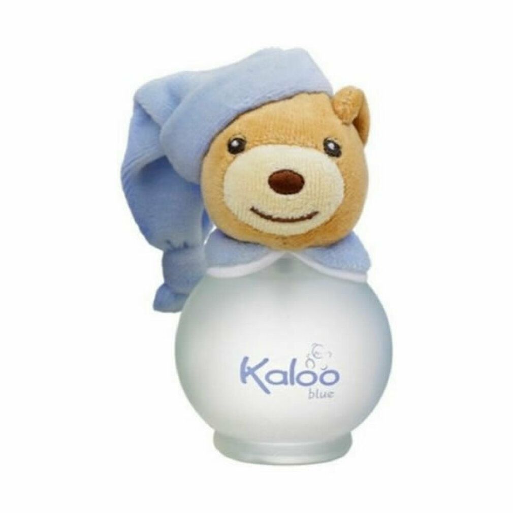 Flacone rotondo con tappo a forma di testa di orsetto. Scritta: Kaloo Blue.