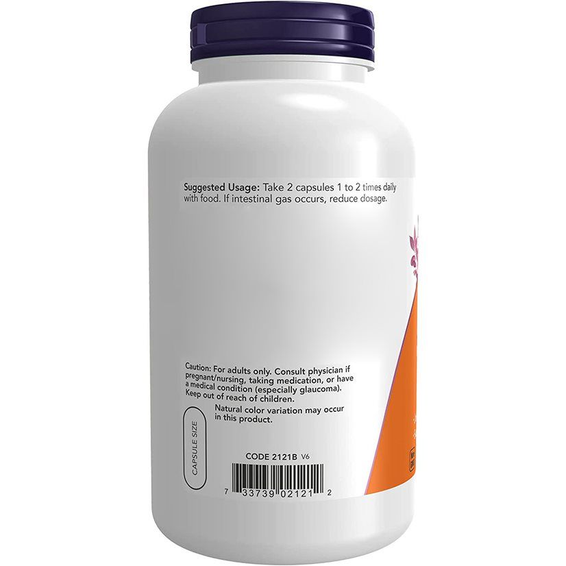 Flacone bianco con tappo viola. Etichetta: Capsule Size, codice a barre.
