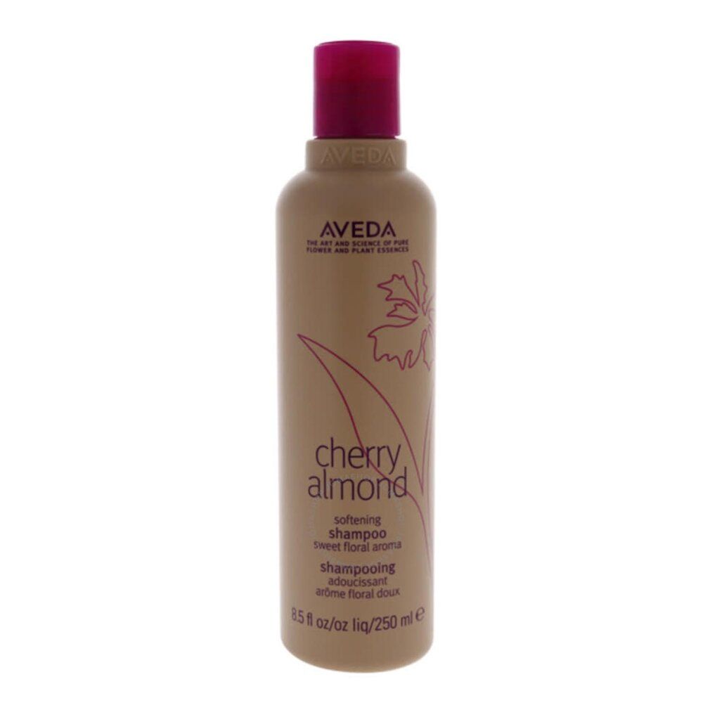 Flacone di shampoo beige con tappo rosa. Scritta: Cherry Almond, Aveda. 250 ml.
