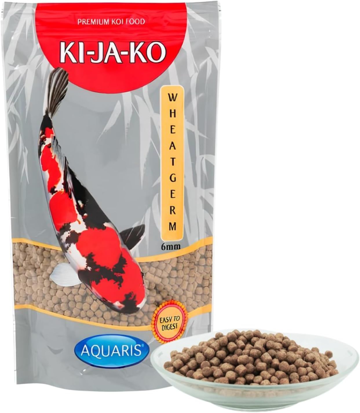 KI-JA-KO Koifischfutter Wheatgerm 6 mm. Sacchetto con immagine di carpa koi e pellet in ciotola.
