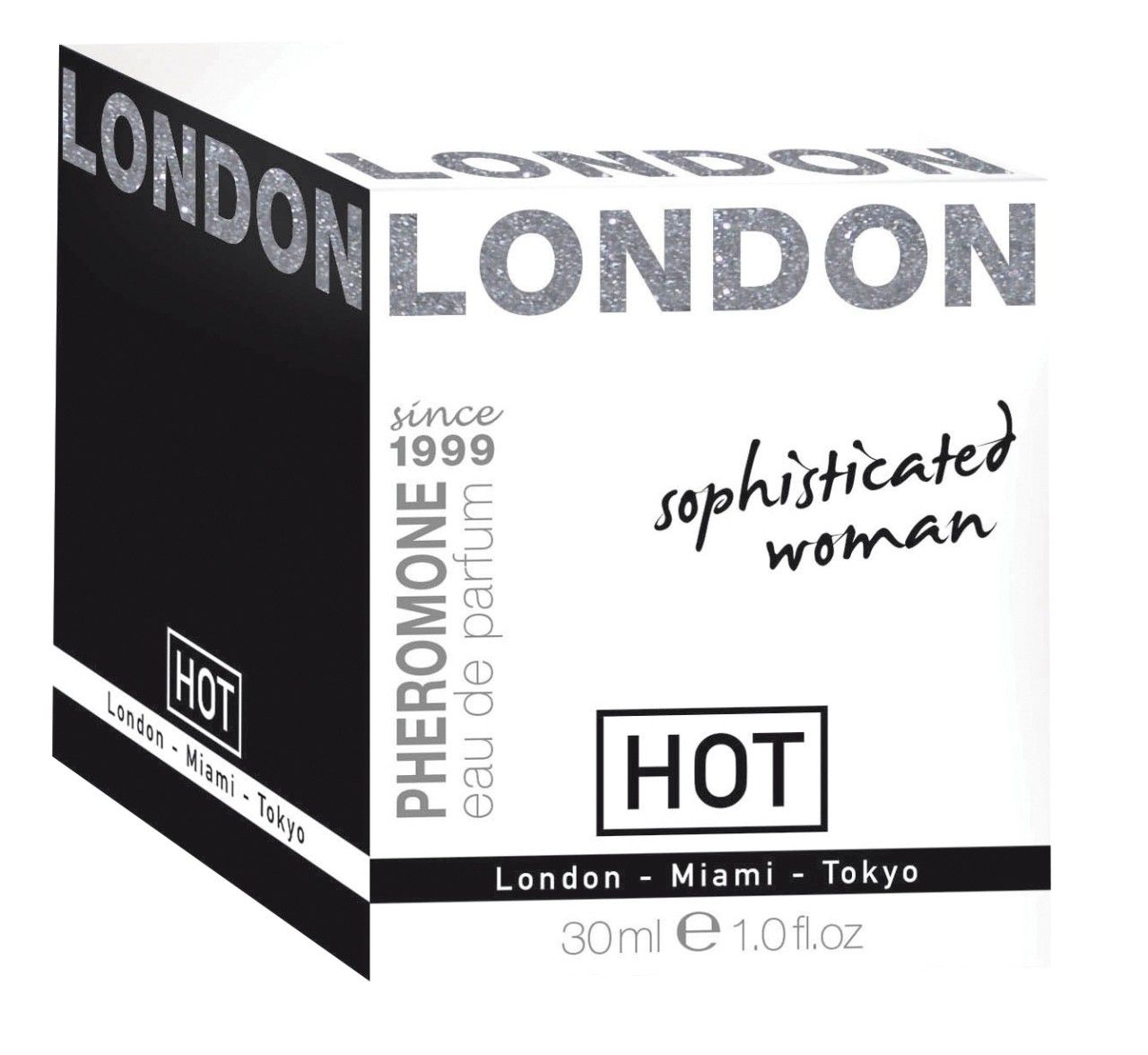 Confezione Pheromone Parfum LONDON "sophisticated woman", 30ml, con vista laterale.