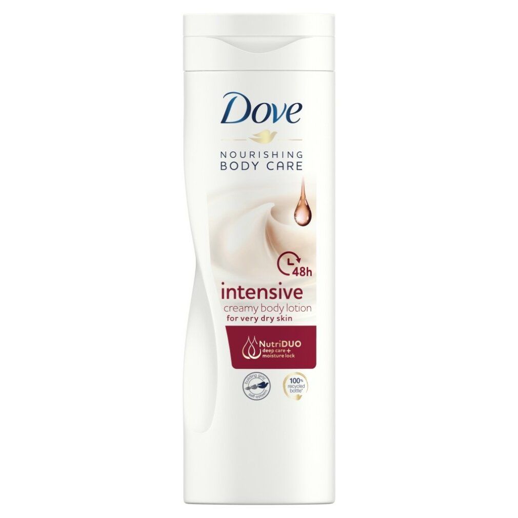 Flacone bianco Dove. Scritta 'Nourishing Body Care intensive'. Per pelli molto secche. 48h. Logo Dove.