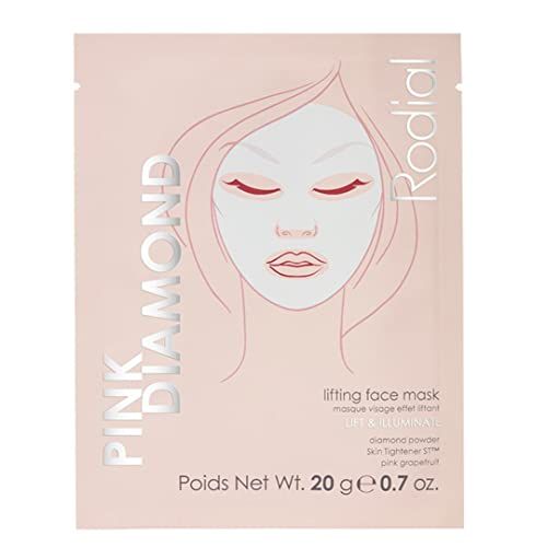 Maschera viso liftante Rodial Pink Diamond rosa. Confezione con nome e descrizione del prodotto. Stampa di un volto.