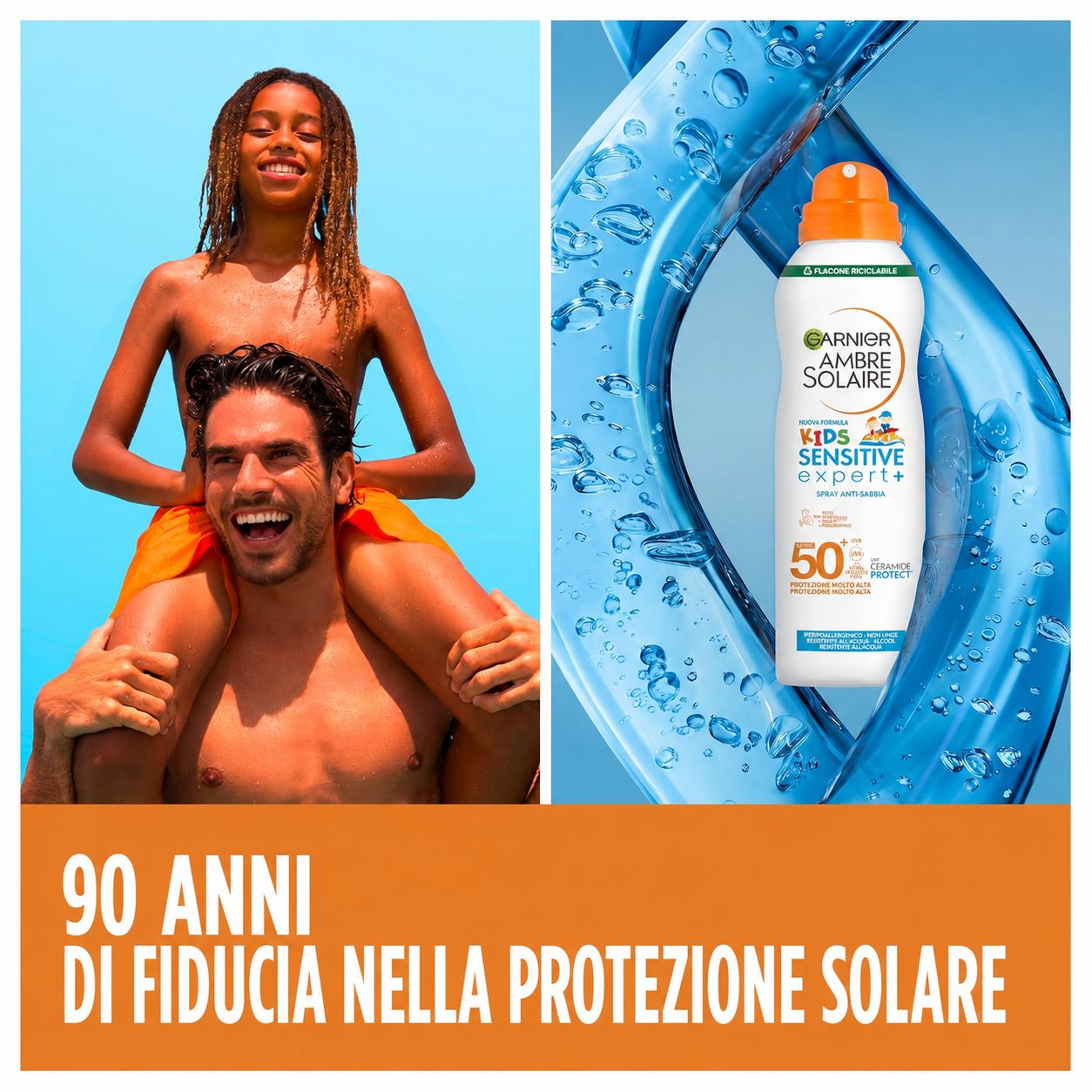 Spray solare bianco-arancione con testo: Garnier Ambre Solaire Kids Sensitive Expert+ SPF 50+. Scritta: 90 anni di fiducia nella protezione solare.