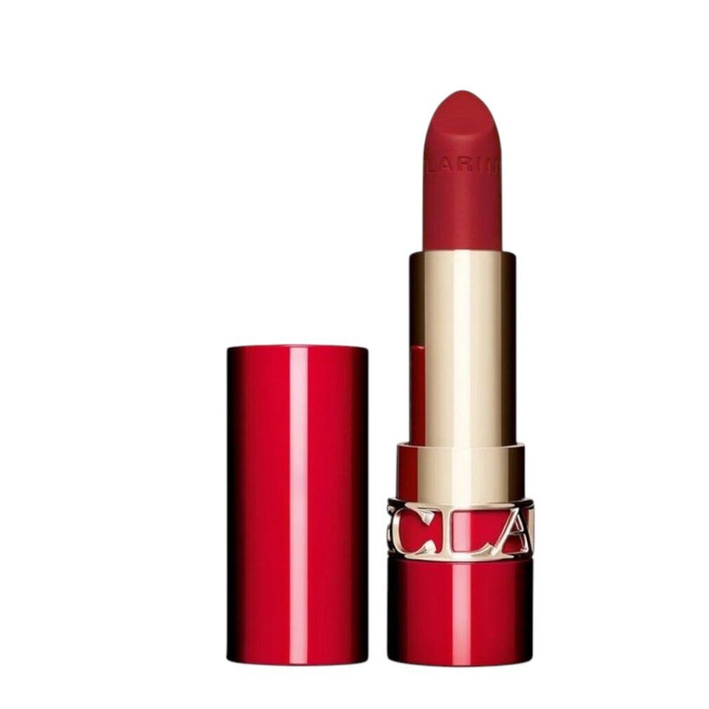 Rossetto Joli Rouge Velvet CLARINS, rosso, in posizione verticale, cappuccio accanto.