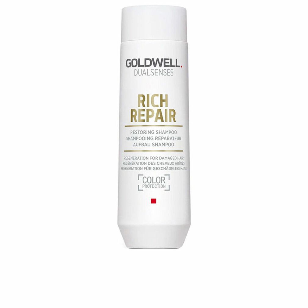 Flacone bianco Goldwell Rich Repair Shampoo. Testo: Restoring Shampoo. Logo protezione colore. Su sfondo bianco.
