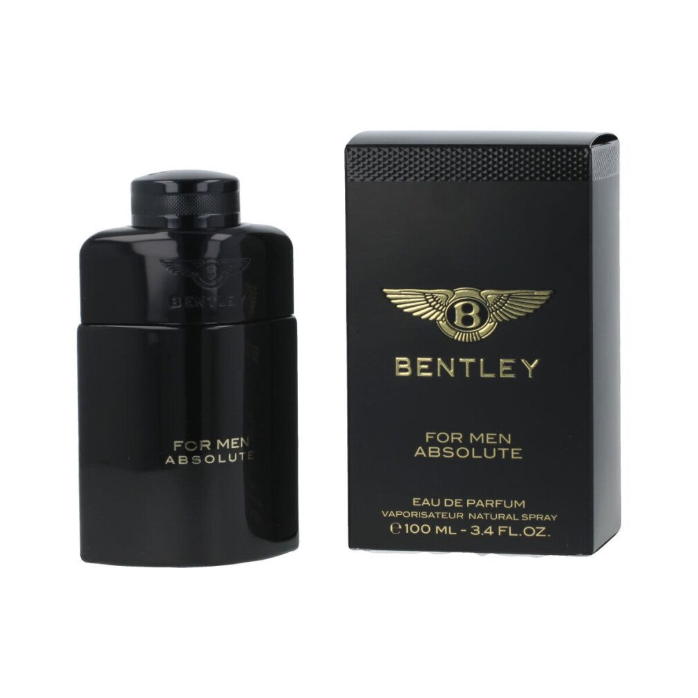 Flacone e scatola neri. Bentley For Men Absolute Eau de Parfum Spray. Logo e scritta dorati sulla scatola.