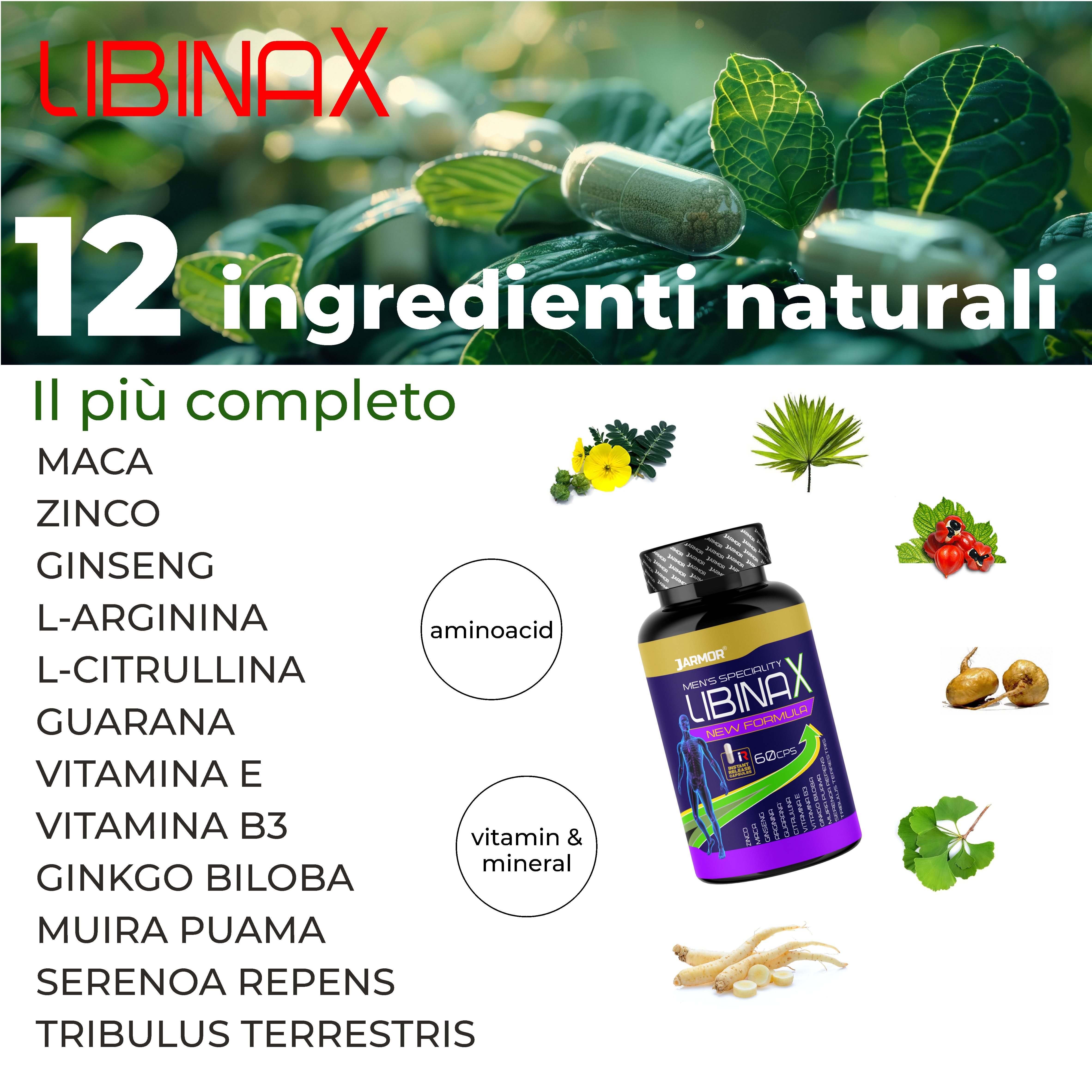 Una bottiglia di "LIBINAX" e 12 ingredienti naturali. Diverse erbe e capsule sono raffigurate.