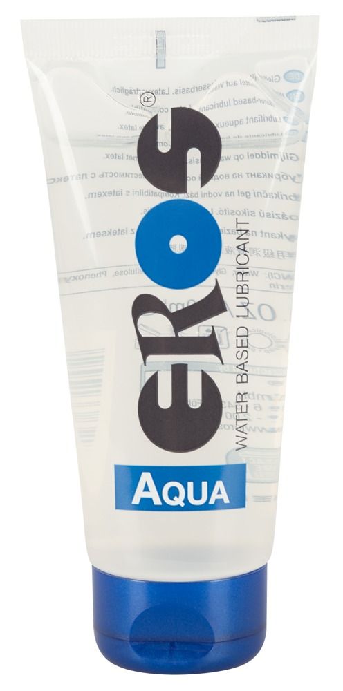 Lubrificante EROS Aqua in tubo trasparente con tappo blu, tenuto inclinato.