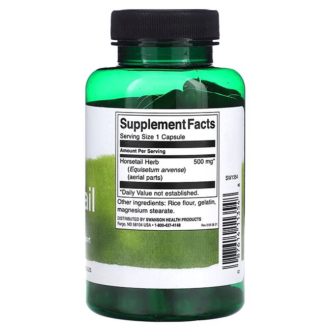 Retro di un flacone verde. Scritta: Supplement Facts. Horsetail Herb 500 mg. Ingredienti.
