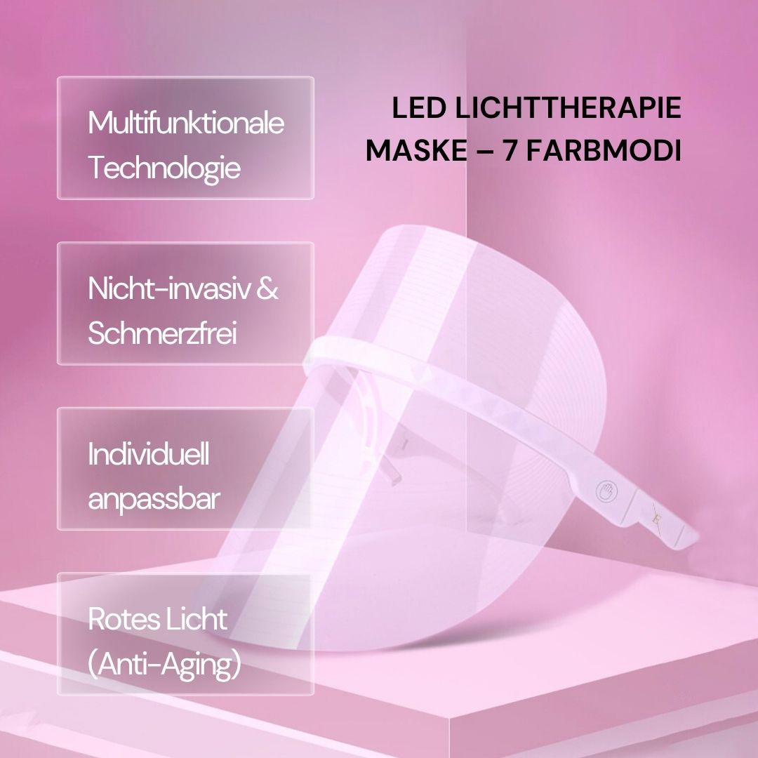 Maschera facciale a LED bianca. Testo: Maschera per fototerapia LED - 7 modalità colore. Etichette: tecnologia multifunzionale, non invasiva, personalizzabile.