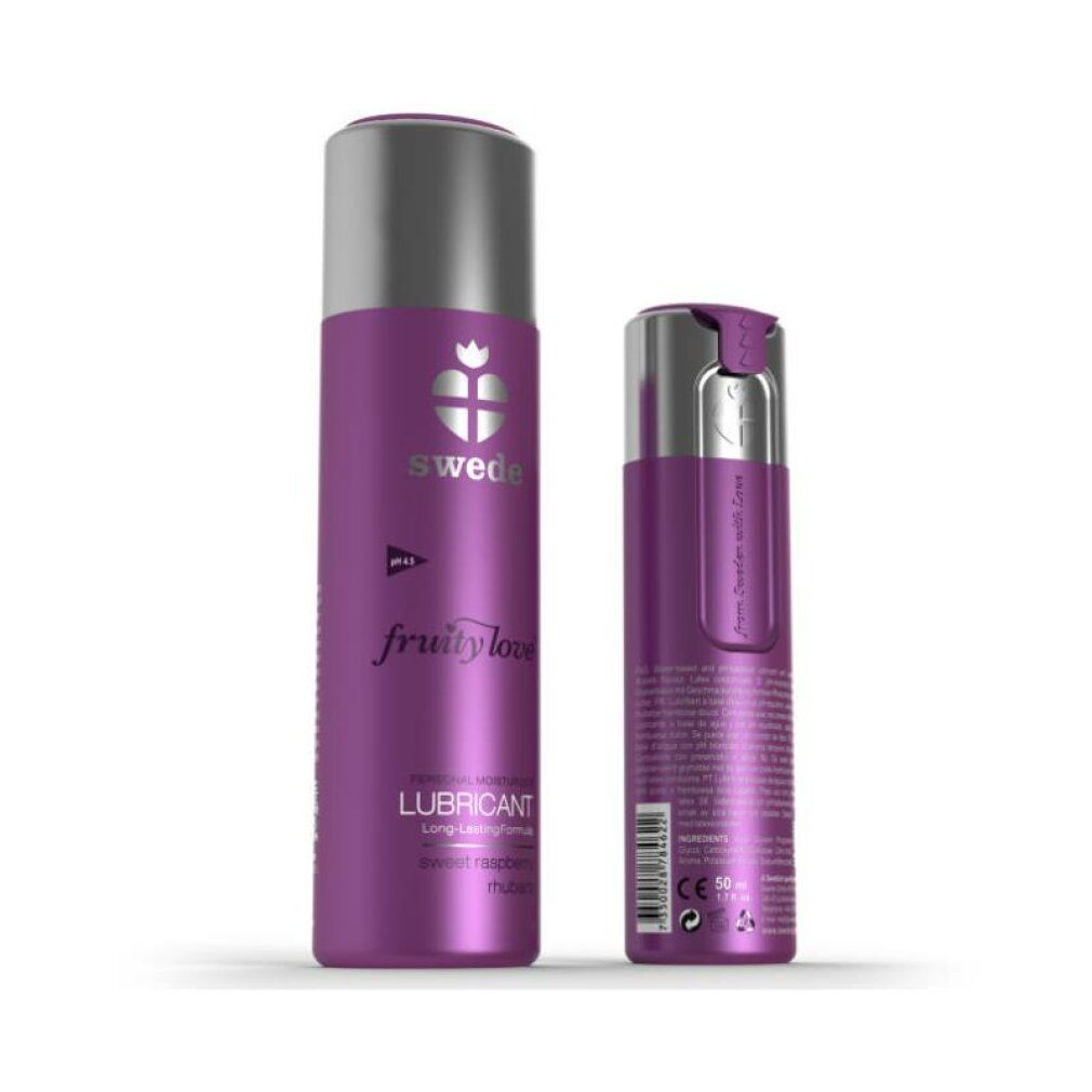 Due flaconi viola. Scritta: swede, fruity love, LUBRICANT. pH 4.5. Retro con testo e codice a barre. Tappi argentati.