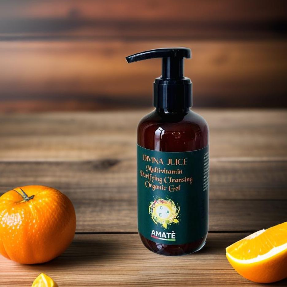 Flacone marrone con dosatore nero accanto a un'arancia. Scritta: DIVINA JUICE, Multivitamin, Purifying Cleansing Organic Gel. Marchio: AMATÈ.