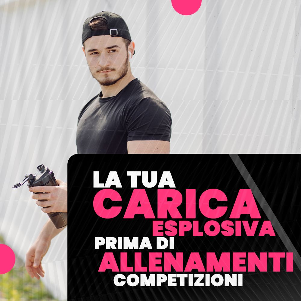 Un uomo con uno shaker in mano. Testo: La tua carica esplosiva prima di allenamenti e competizioni. Elementi rosa.