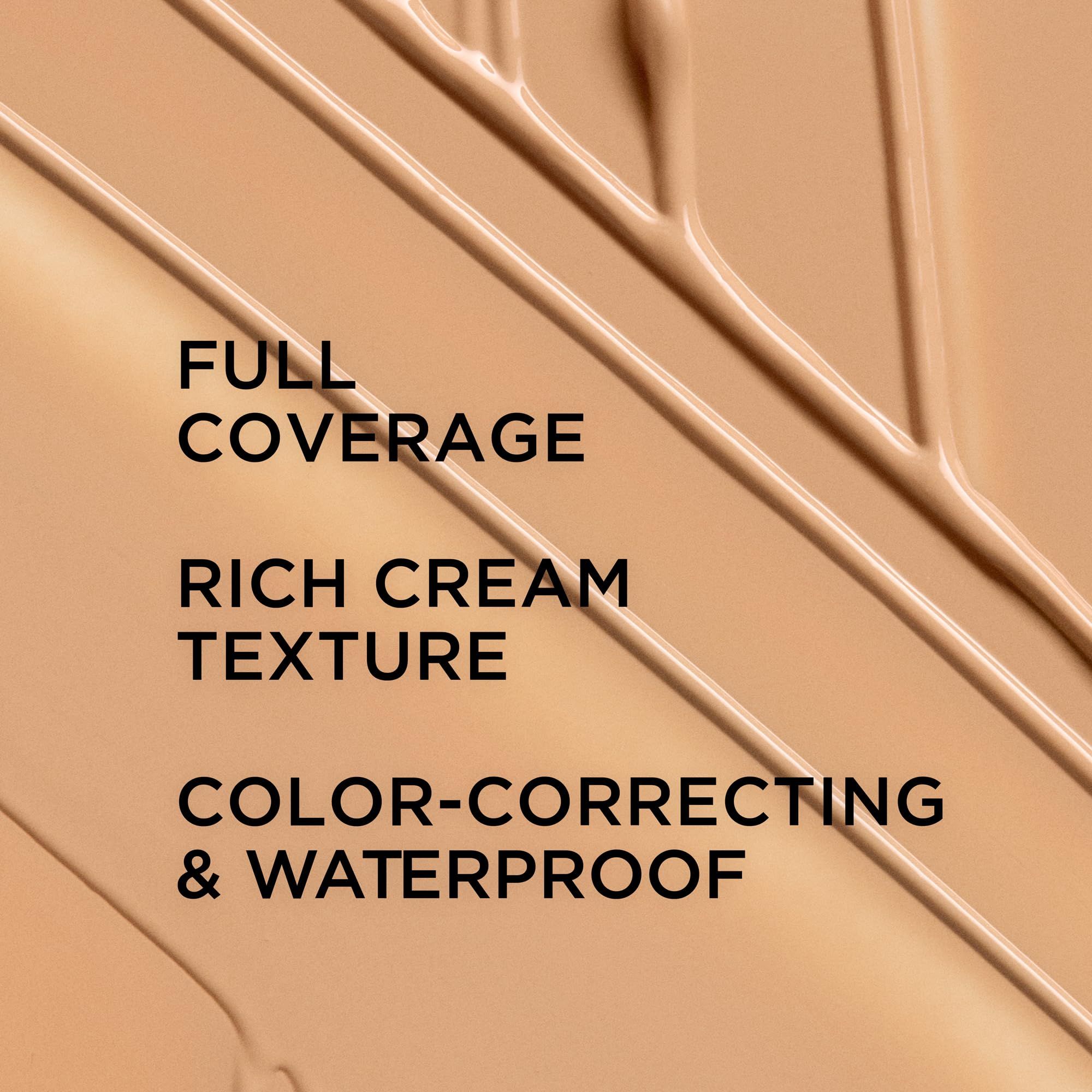 Primo piano del colore del correttore. Testo: Full Coverage, Rich Cream Texture, Color-Correcting & Waterproof.