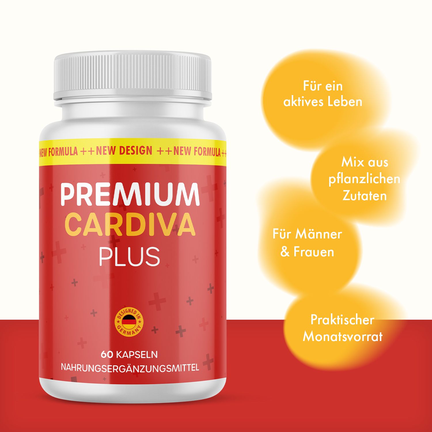 Flacone bianco con etichetta rossa. Scritta: PREMIUM CARDIVA PLUS, 60 capsule. Ulteriori informazioni in cerchi gialli.