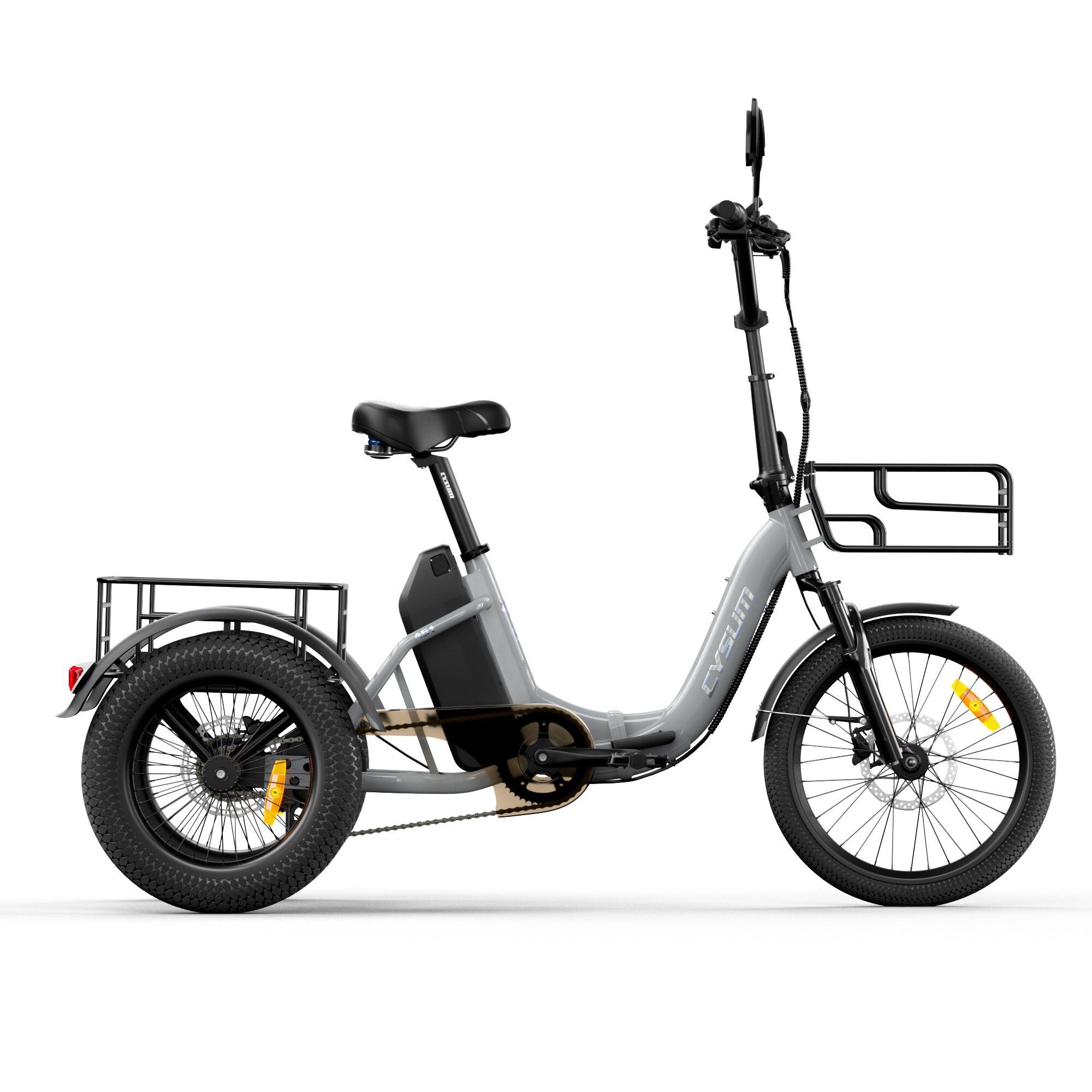 Triciclo elettrico grigio con cestini, sella e manubrio. Accenti gialli sui pneumatici.