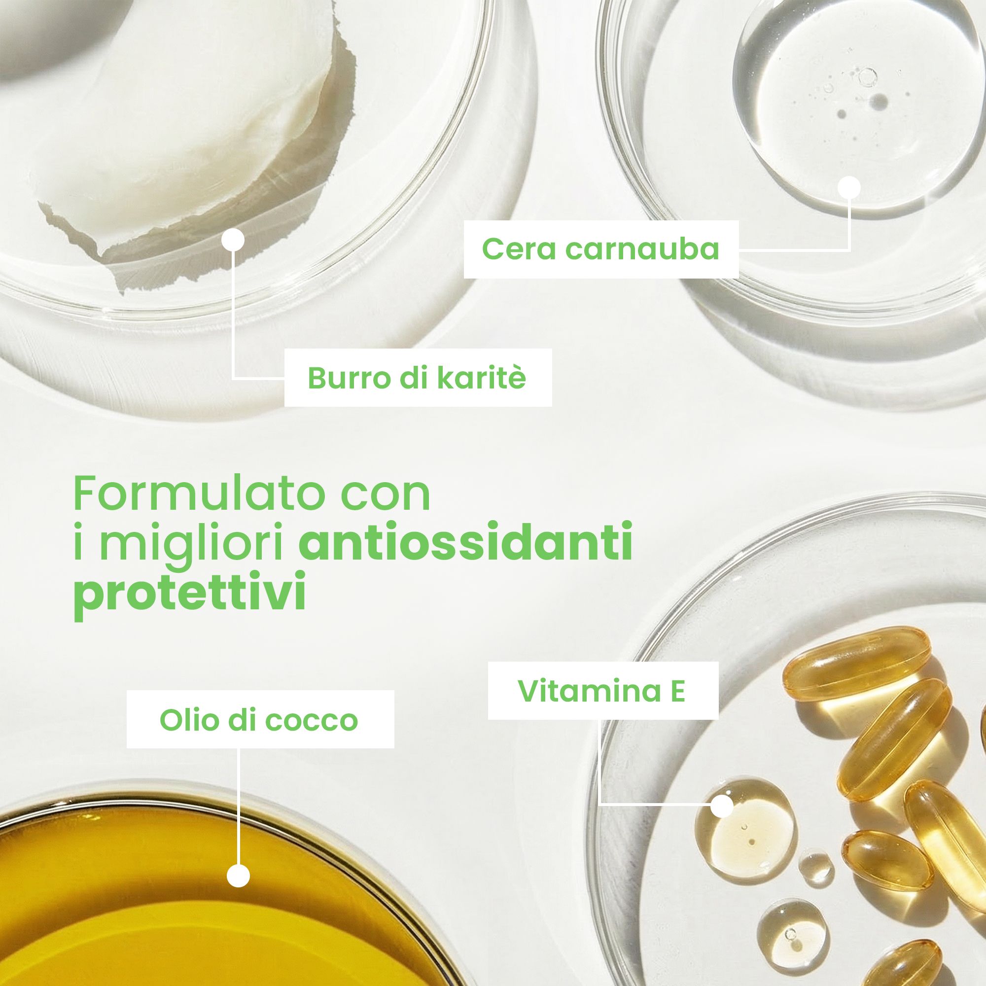 Primo piano sugli ingredienti: olio di cocco, burro di karité, cera carnauba, vitamina E. Testo: « Formulato con i migliori antiossidanti protettivi ».