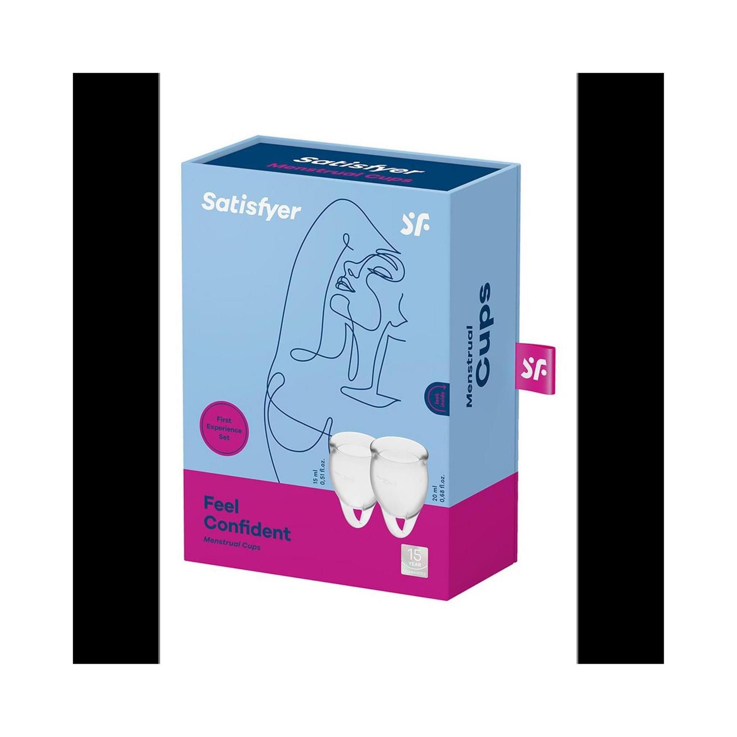 Confezione con immagine del prodotto. Scritta: Satisfyer, Menstrual Cups. Due coppette mestruali raffigurate. Accenti rosa e blu.
