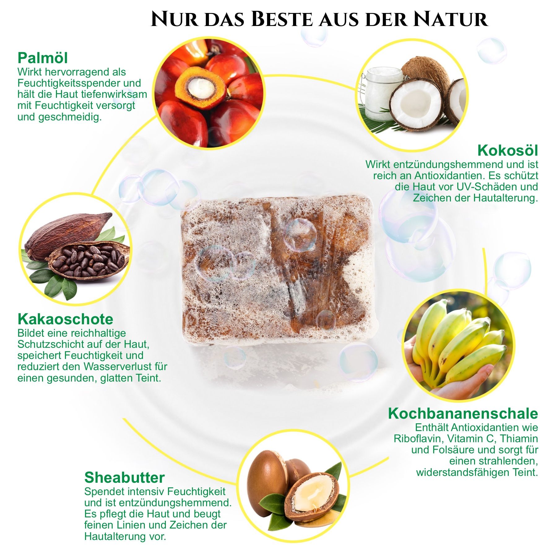 Un pezzo di sapone nero con ingredienti come olio di palma, olio di cocco, fave di cacao, buccia di banana e burro di karité.