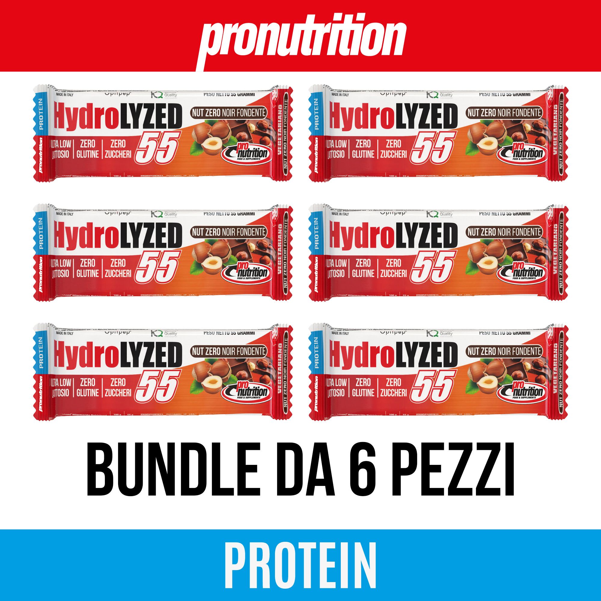 Sei barrette proteiche, confezione rossa e bianca. Scritta: Hydrolyzed 55, Zero zuccheri, Senza glutine. Marchio: Pronutrition. Bundle da 6 pezzi.