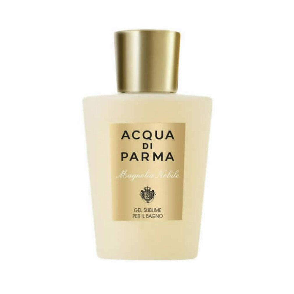 Flacone beige con tappo dorato. Etichetta con testo: Acqua di Parma, Magnolia Nobile. Gel Sublime Per Il Bagno.