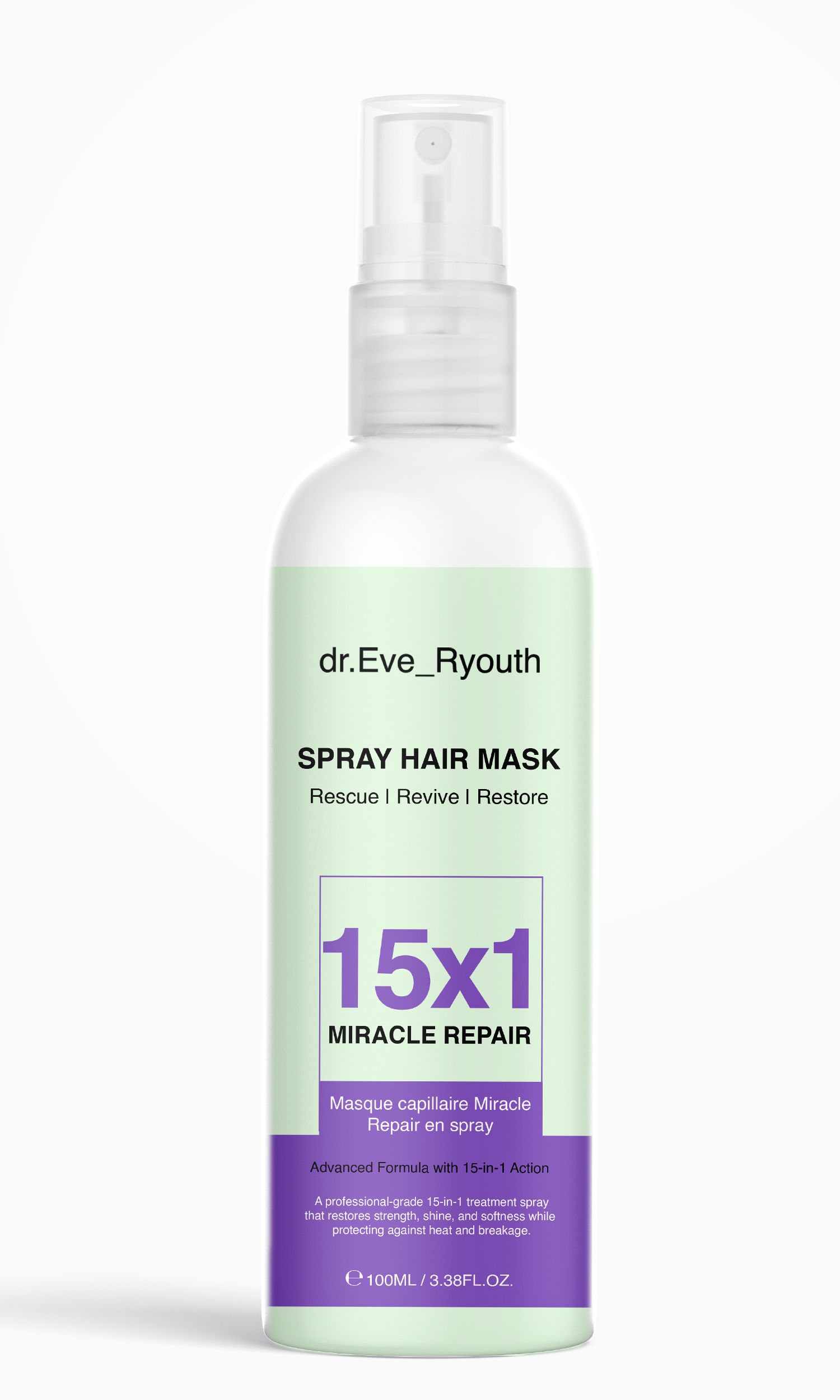 Maschera per capelli spray. Flacone con etichetta verde e viola. Testo: 15x1 Miracle Repair.