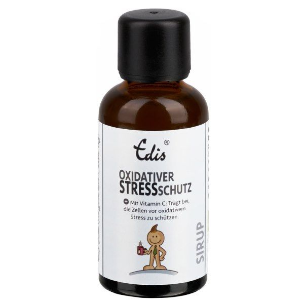 Flacone di vetro marrone con tappo nero. Etichetta con nome del prodotto e logo. Testo: Oxidativer Stressschutz, sciroppo.