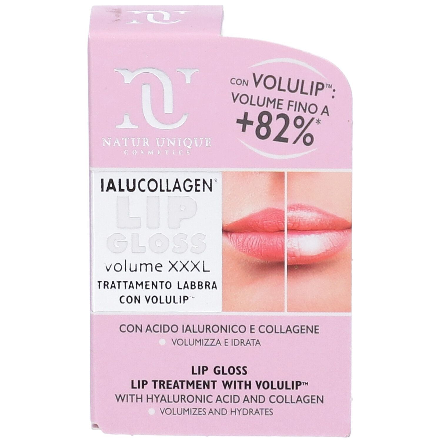 Confezione rosa per Ialucollagen Lip Gloss Volume XXXL. Contiene acido ialuronico e collagene. Effetto +82% volume.