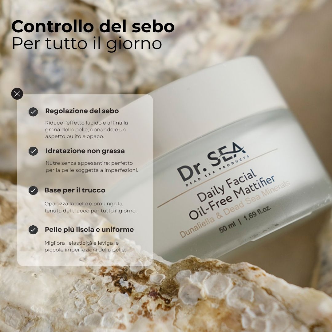 Vasetto di crema con testo. Testo: Controllo del sebo Per tutto il giorno, Regolazione del sebo, Idratatione non grassa, Base per il trucco.