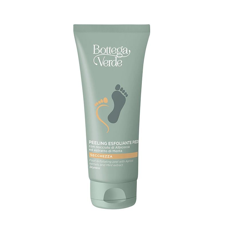 Tubo verde con logo e simbolo del piede. Testo: Peeling esfoliante piedi. Prodotto Bottega Verde.