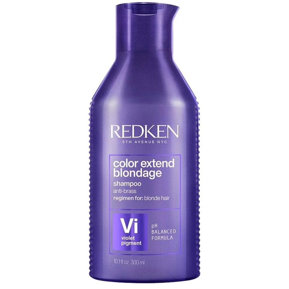 Shampoo viola Redken. Bottiglia con nome del prodotto e informazioni. Formula anti-giallo per capelli biondi.