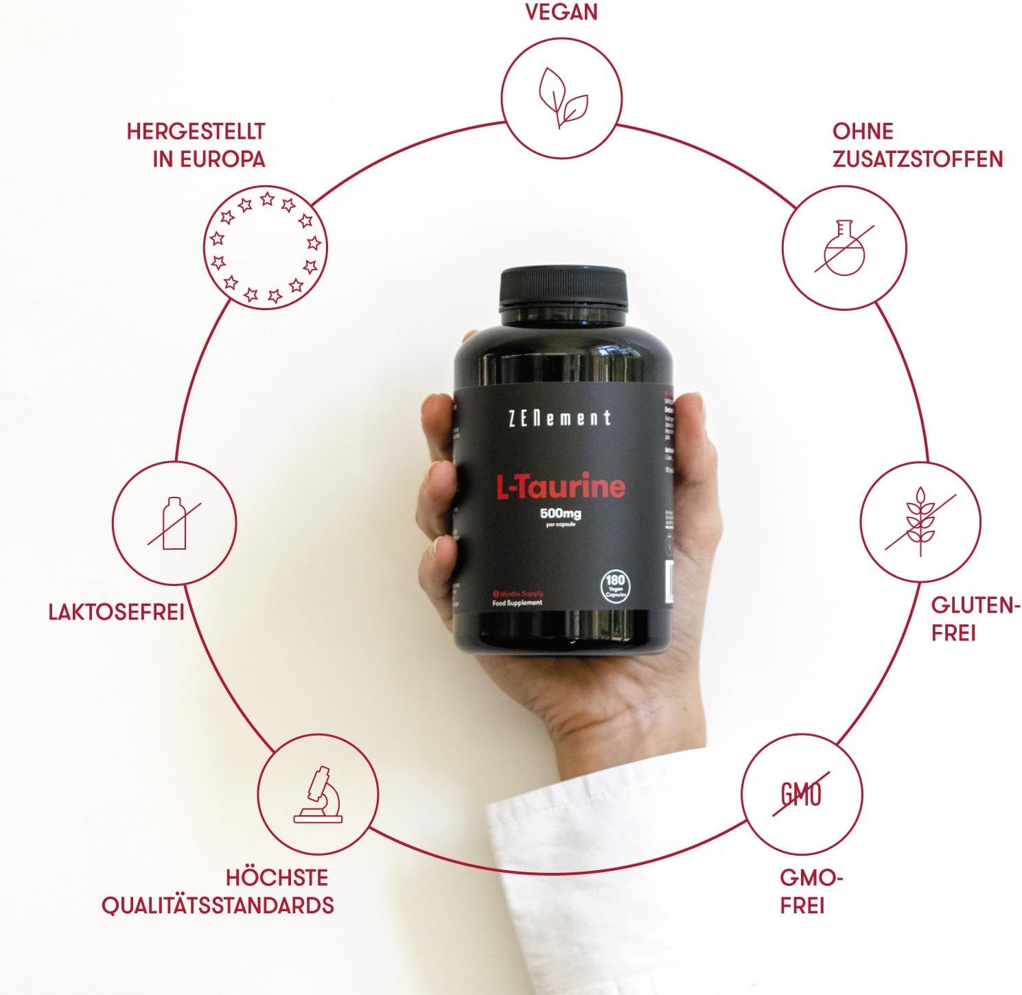 Flacone nero di capsule di L-Taurina Zenement. Mano che tiene il flacone. Scritta: L-Taurina 500mg. Vegano, senza glutine, senza additivi.