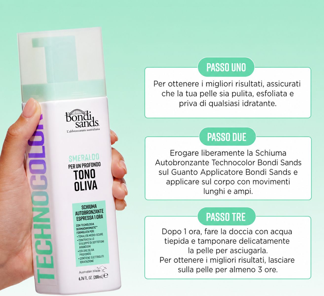Schiuma autoabbronzante Bondi Sands. Istruzioni in italiano. Testo: Emerald per un tono oliva intenso. 3 passaggi.
