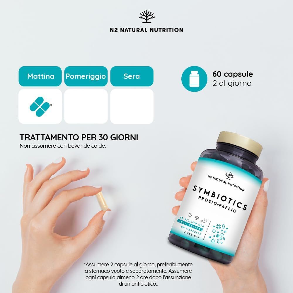 Mano che tiene una capsula. Flacone Symbiotics Probio+Prebio. 60 capsule, 2 al giorno. Trattamento 30 giorni.