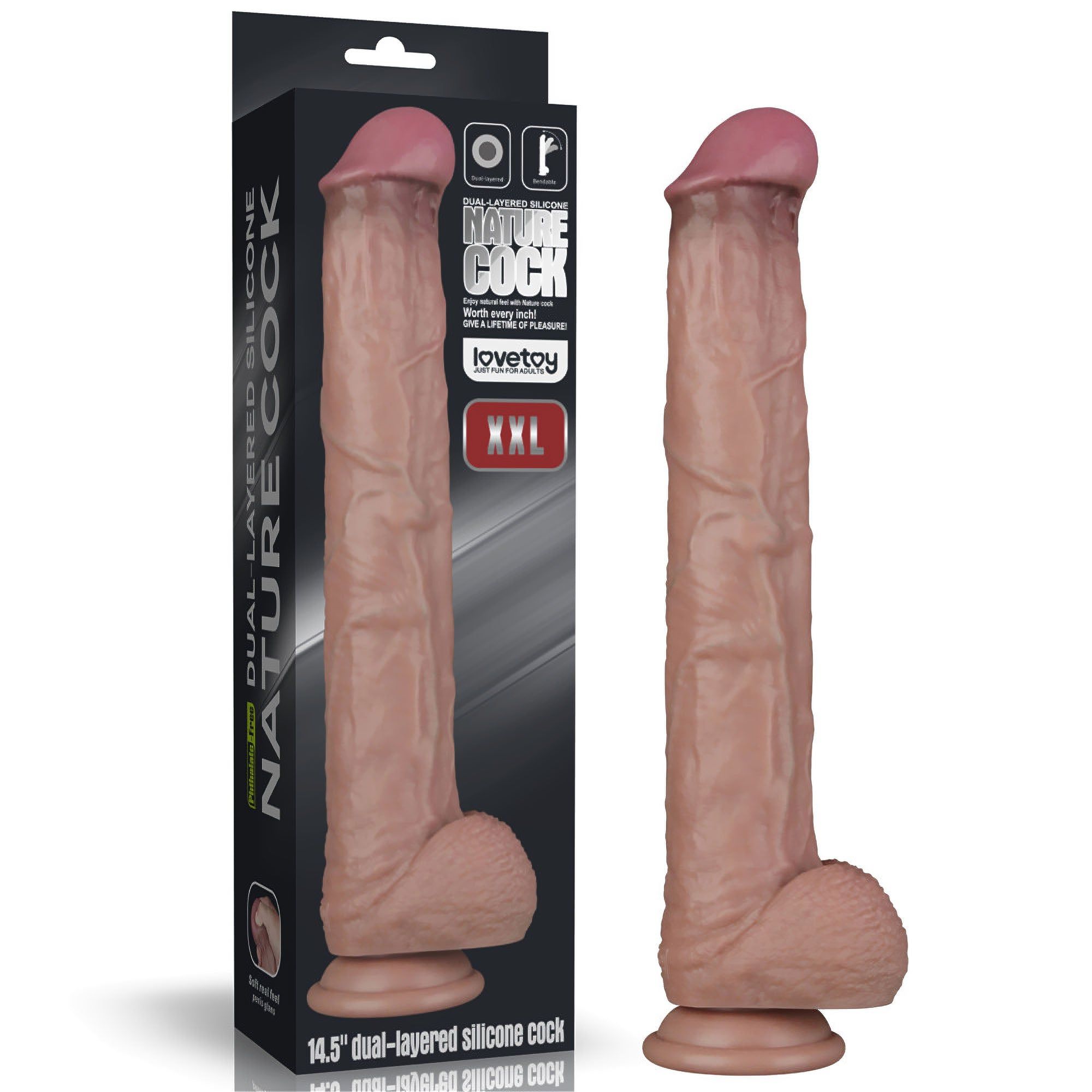 Dildo e confezione. Dildo marrone, punta rosa. Confezione con nome, marchio e dimensioni.