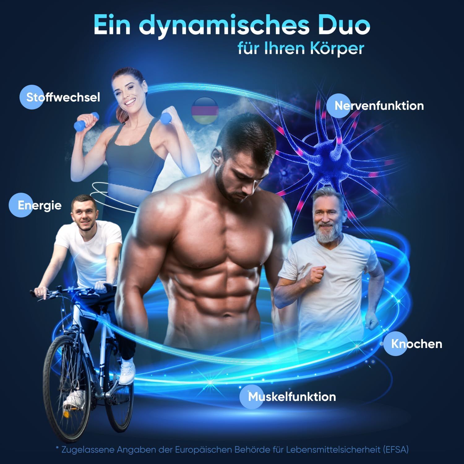 Grafica con atleti. Testo: Un duo dinamico per il tuo corpo. Temi: metabolismo, funzione nervosa, energia, ossa, funzione muscolare.