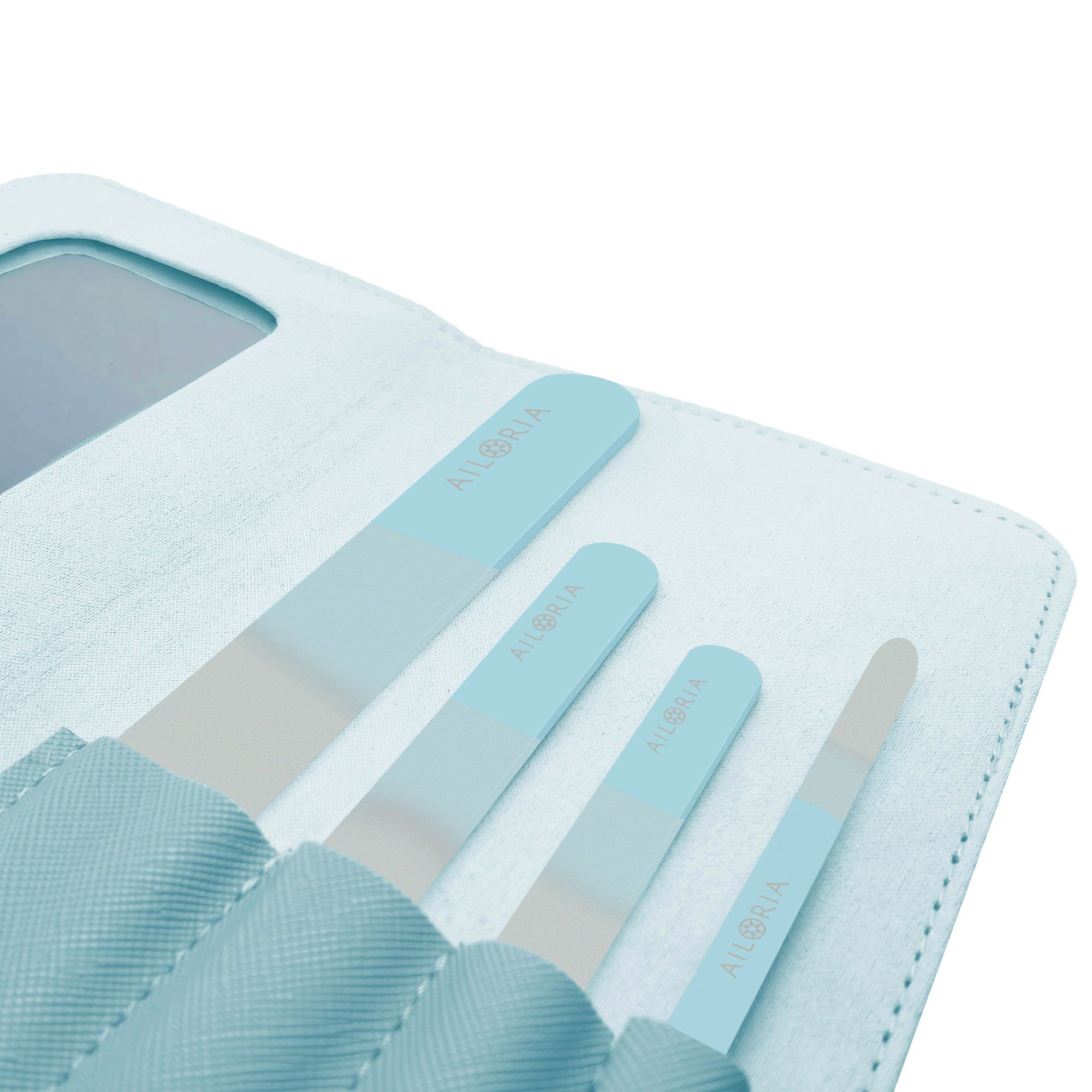 Custodia azzurra con tre lime per unghie in vetro. Le lime sono riposte nella custodia. Il marchio AILORIA è visibile.