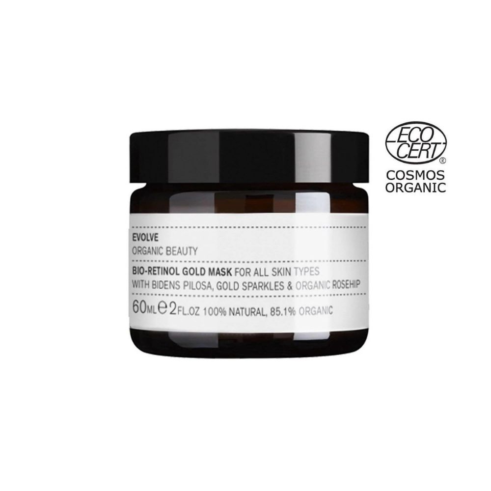 Vasetto di vetro marrone con coperchio nero. Etichetta con testo: Evolve, Bio-Retinol Gold Mask. Certificazione ECOCERT.