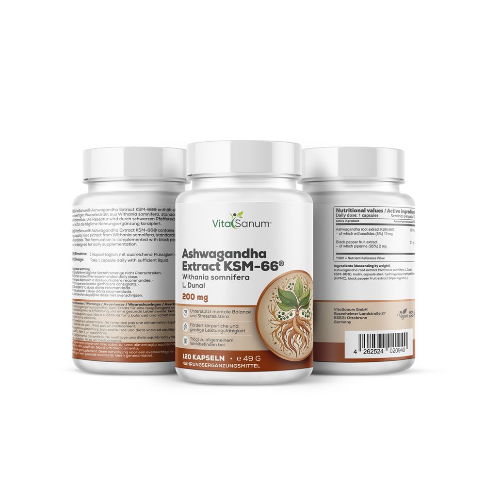 Tre flaconi di capsule VitaSanum Ashwagandha KSM-66, 120 pezzi per flacone.