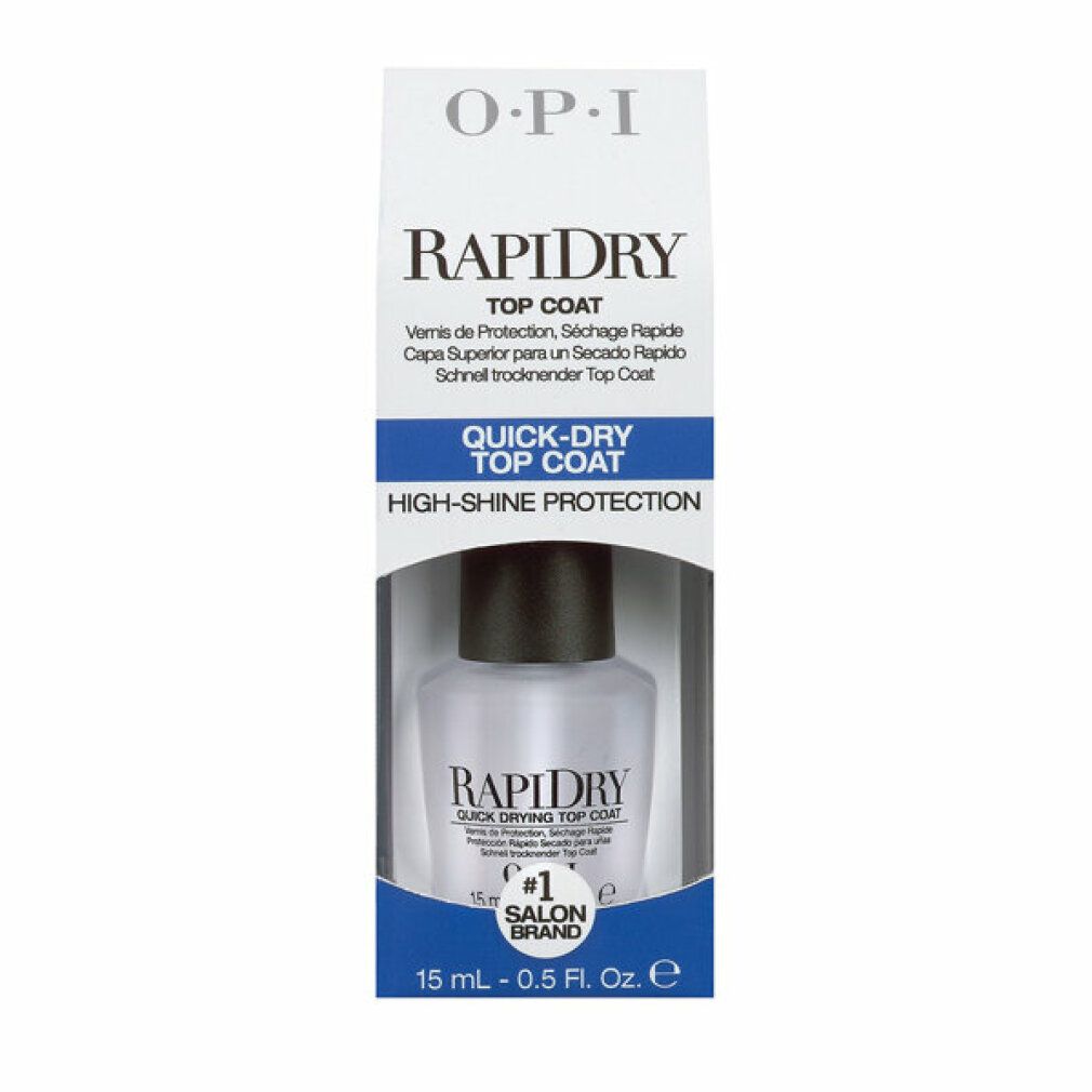 OPI Rapidry Top Coat in confezione. Confezione con immagine del prodotto. Scritta: Rapidry, OPI, Quick-Dry Top Coat, 15 ml - 0.5 fl. oz.