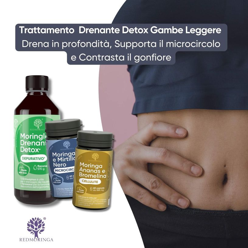 Tre prodotti RedMoringa Detox. Una bottiglia e due contenitori di capsule. Testo: Trattamento Drenante Detox Gambe Leggere.