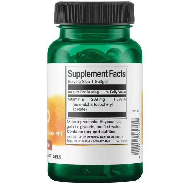 Retro del flacone verde. Etichetta con "Supplement Facts", "Vitamin E" e informazioni nutrizionali. Contiene soia e solfiti.