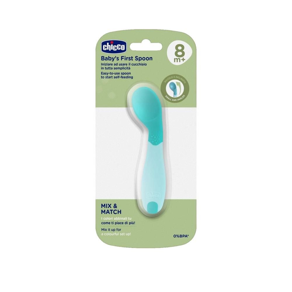 Cucchiaio turchese per neonati in confezione. Marchio Chicco. 8m+. Senza BPA.