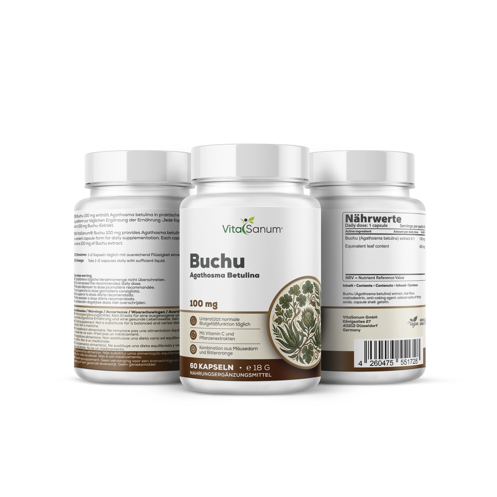 Tre contenitori di capsule VitaSanum Buchu, uno frontale con etichetta, due posteriori con informazioni dettagliate.