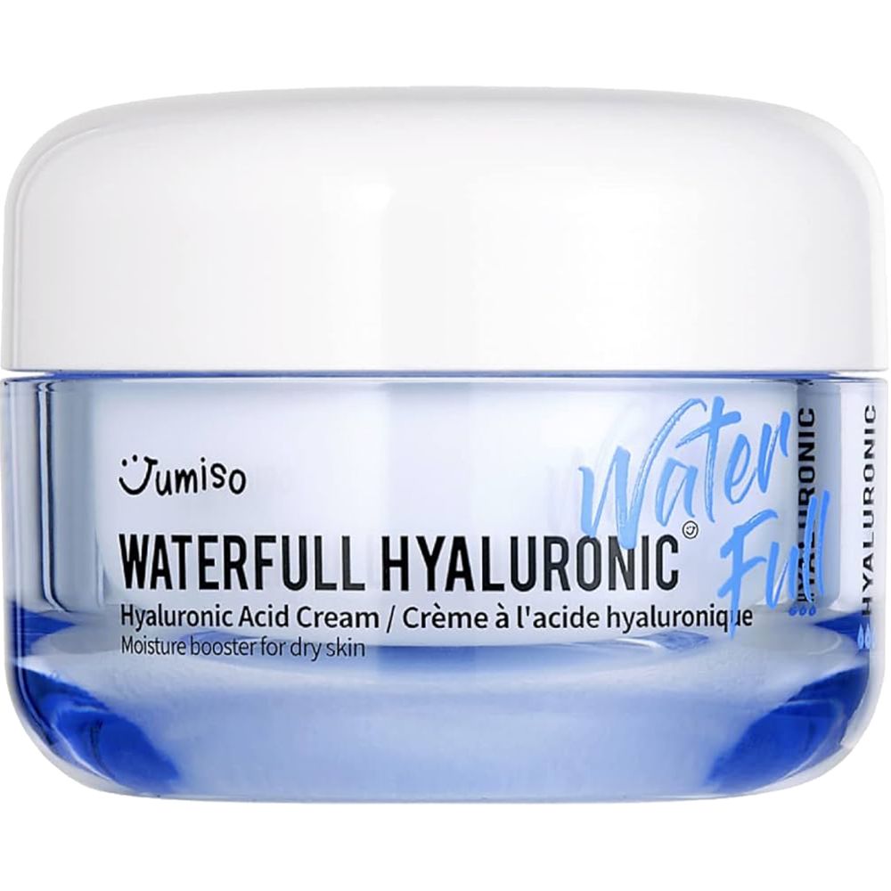 Vasetto di crema blu con coperchio bianco. Scritta: JUMISO WATERFULL HYALURONIC. Crema per pelli secche.