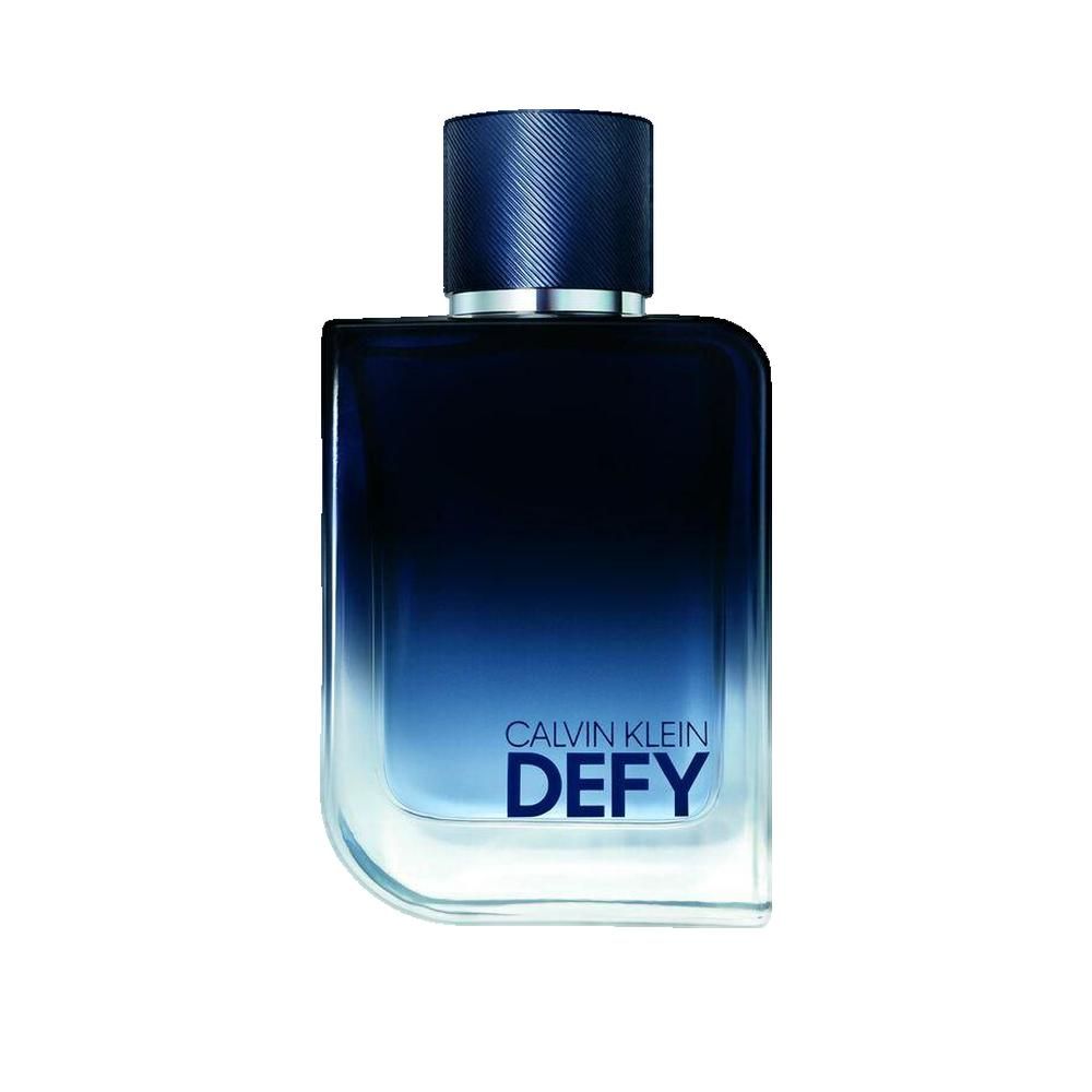 Flacone di profumo blu scuro con scritta CALVIN KLEIN DEF. Flacone con tappo blu.