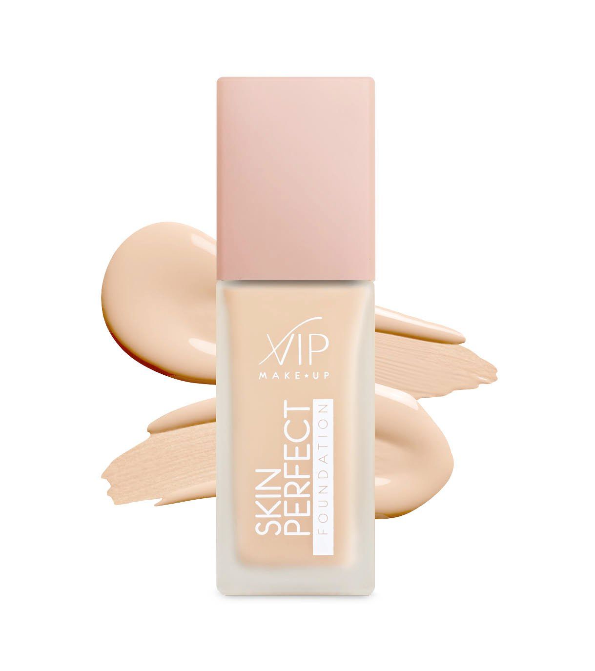 Flacone di fondotinta "Skin Perfect" di VIP Make-up, texture beige chiaro.