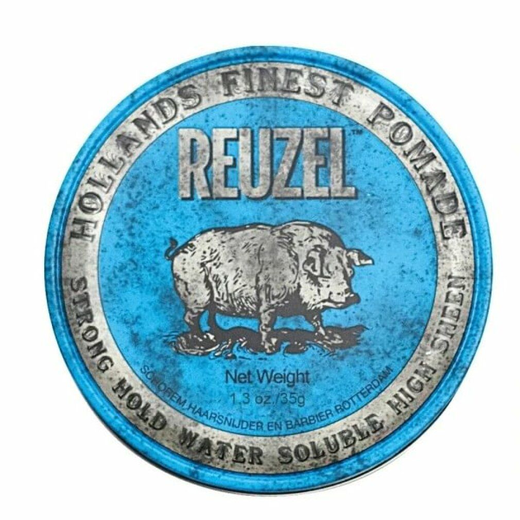 Barattolo rotondo blu con bordo argentato. Scritta: Reuzel, Hollans Finest Pomade. Illustrazione di maiale. 1.3 oz./35g.