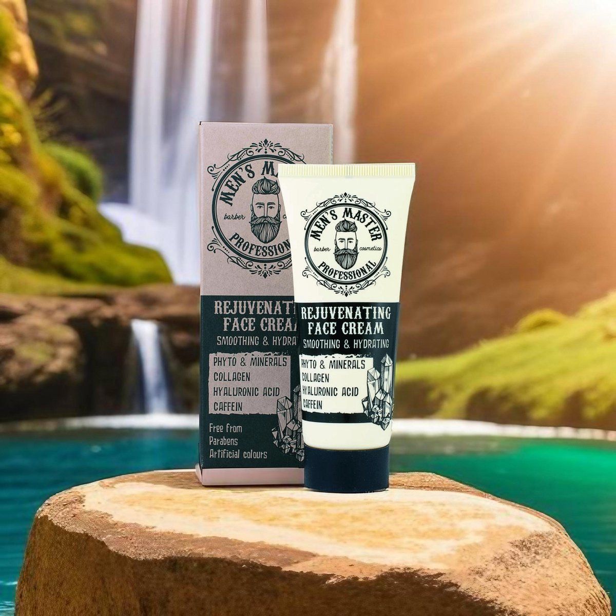 Tubo e scatola di crema. Scritto: Men's Master, Rejuvenating Face Cream. Davanti a cascata. Contiene acido ialuronico, caffeina, collagene.